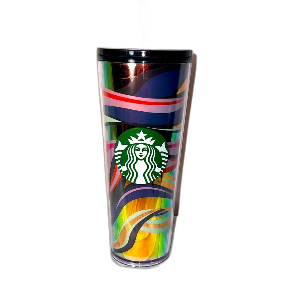 Starbucks 2021 holiday swirl cup with pink‎ straw multi color